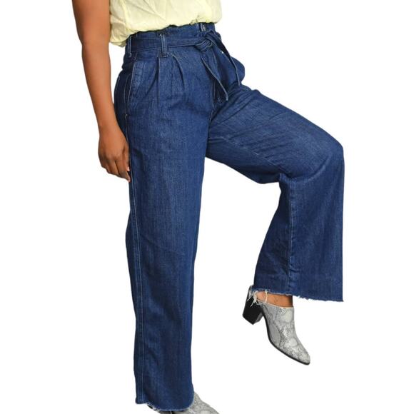 Zara Trouser Jeans Paperbag Waist Belted High Rise Pleated Wide Leg Flare Size 2 - Picture 2 of 15